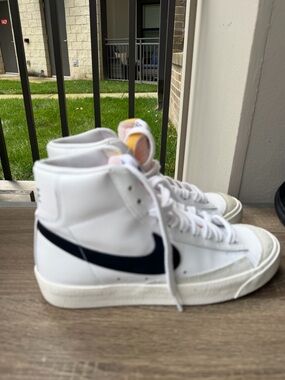 Nike White High-Top Sneakers with Pink Tongue and Yellow Heel Tab